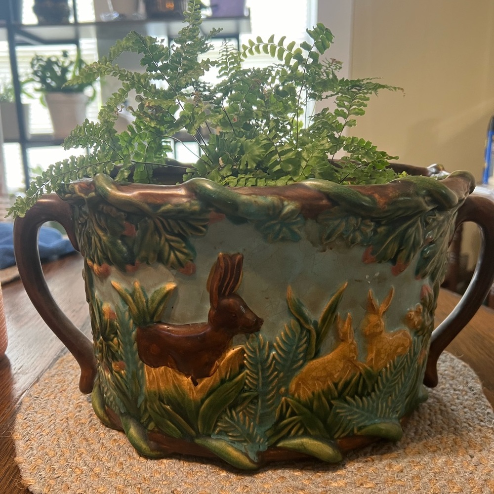 Vintage majolica vase with handles raised rabbit scene